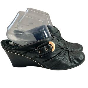 ANTIA Black Leather Ruched Wedge Mules Sz 10N